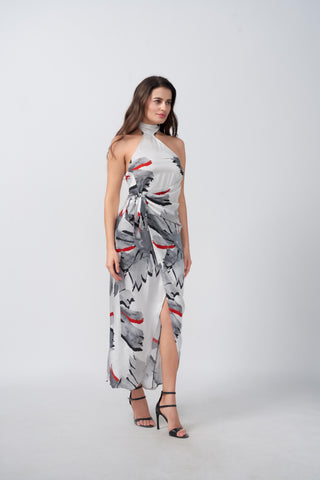 Grey floral satin wrap dress with a hint of red and smooth finish