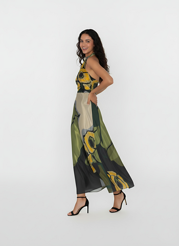 Full-length halter-neck dress with a sleeveless bodice. The design showcases a bold, artistic floral print with oversized yellow blossoms, sage green leaves, and charcoal abstract patterns.