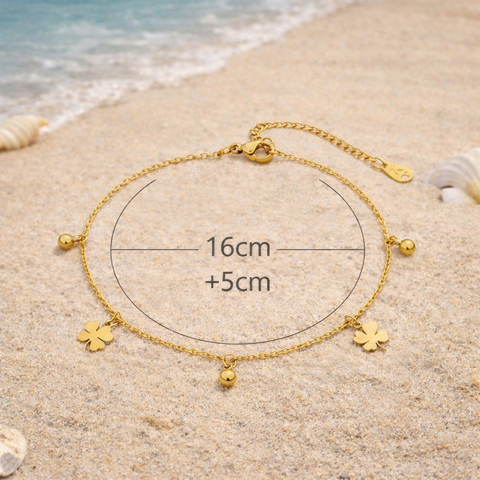 A stylish imitation gold petal charm anklet with an adjustable chain length of 16cm plus 5cm, ensuring a comfortable fit for daily wear or beach vacations