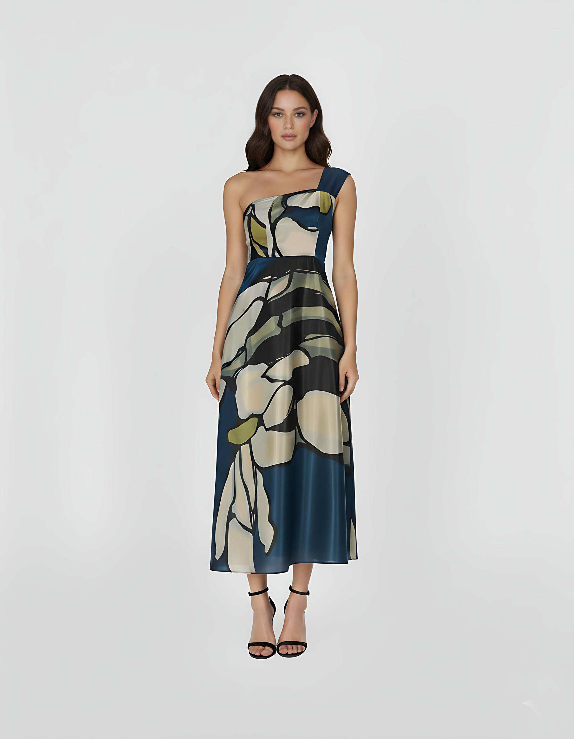  This piece combines a bold, contemporary print with a classic one-shoulder cut, ideal for transitional season events or high-end social gatherings.