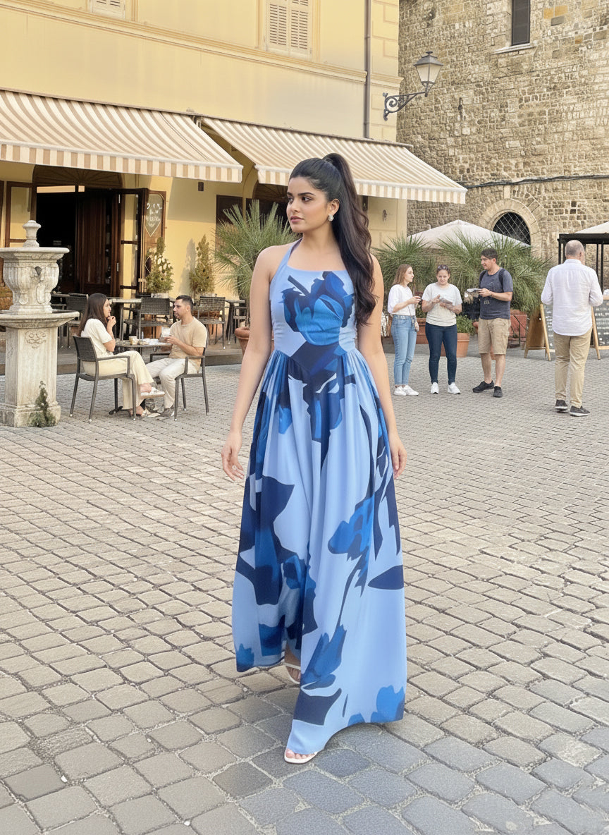 Ankle-length crepe dress with a halter neckline and tie-back detail