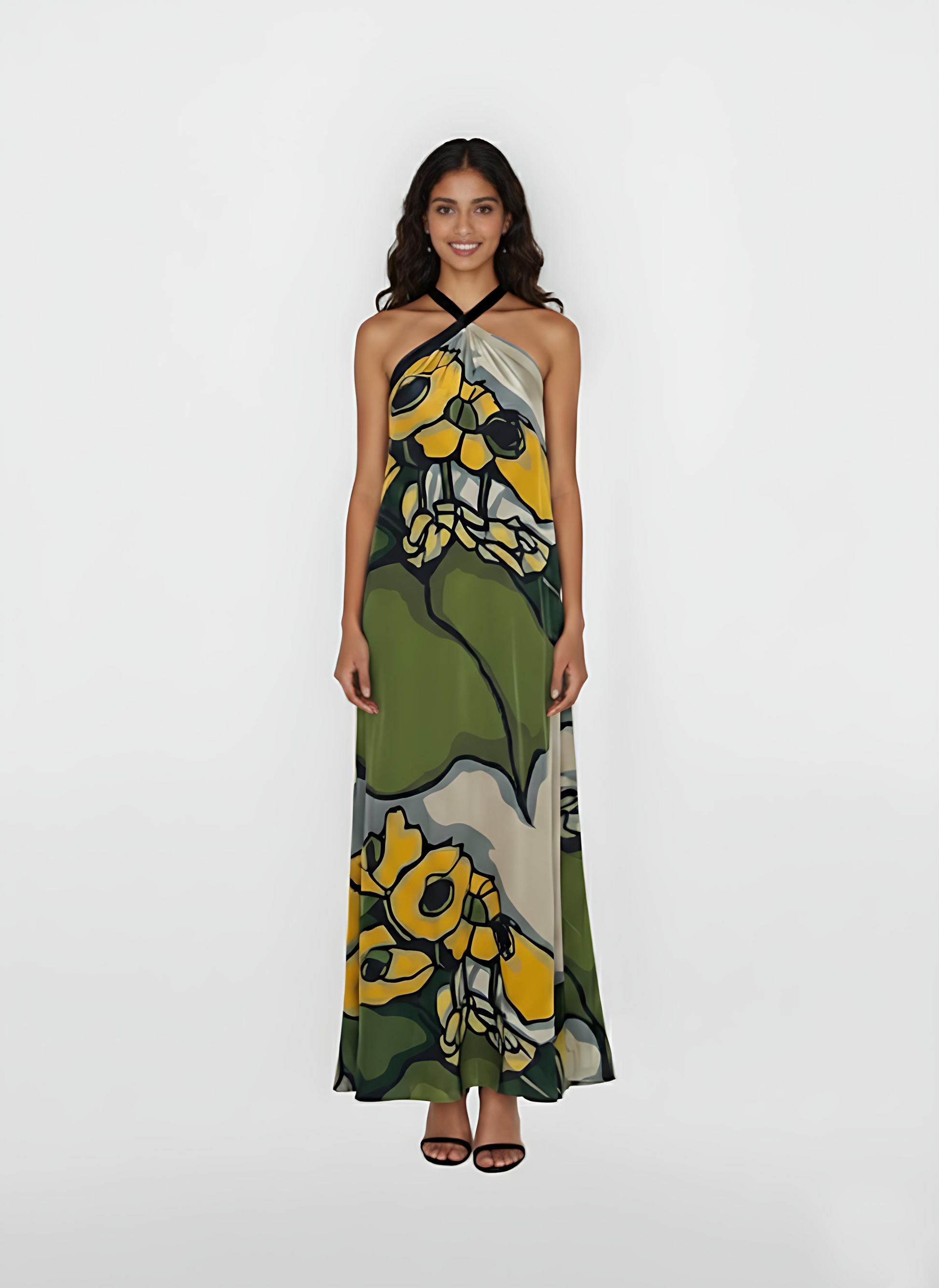 Ankle-length halter gown featuring a vibrant, oversized botanical print in moss green, golden yellow, and slate grey. The design flows into a graceful maxi-length skirt that makes it a perfect choice for sun-drenched garden weddings or elevated summer soirées.