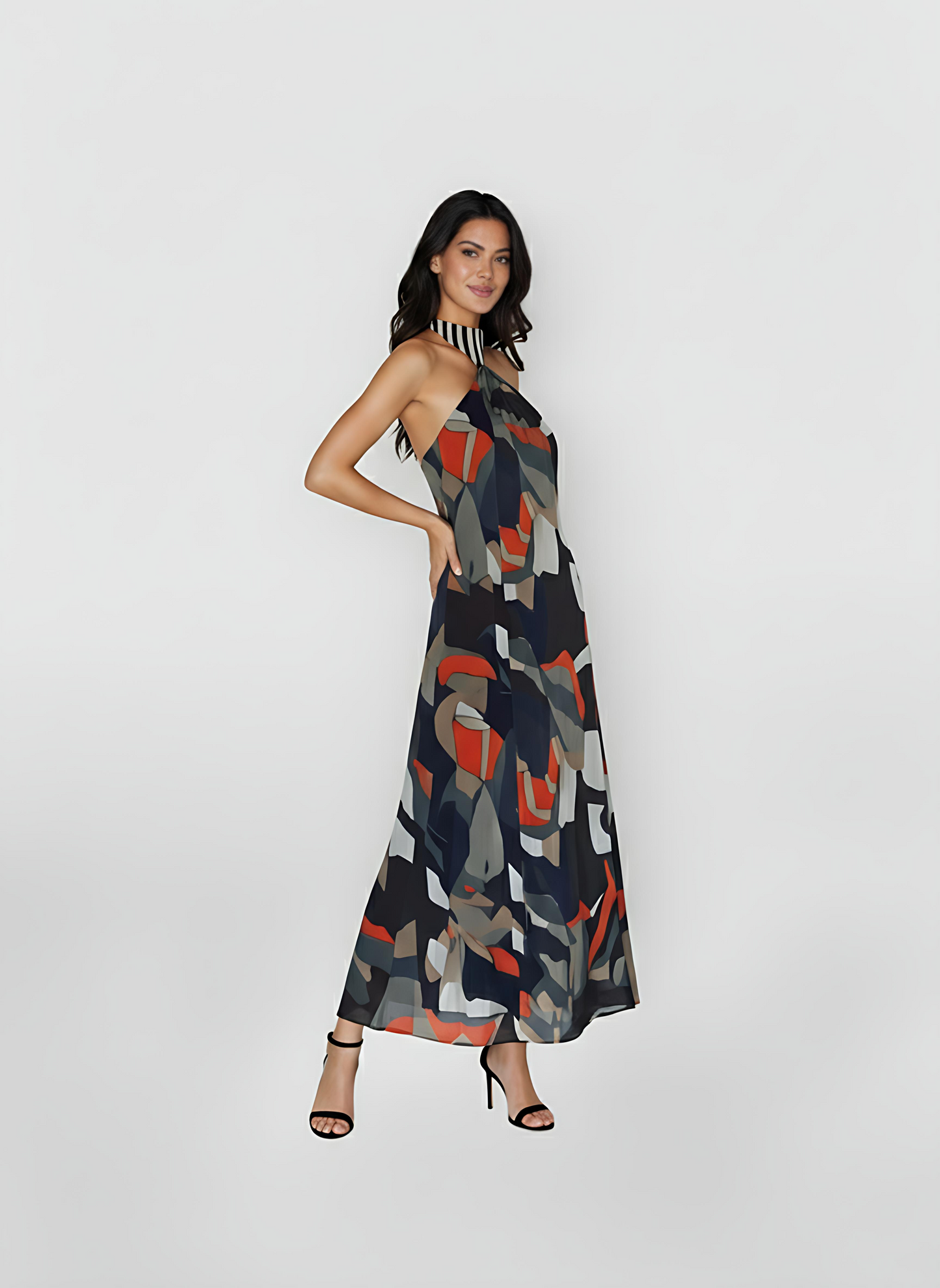 Maxi dress featuring a multicolored abstract print in earthy and vibrant tones