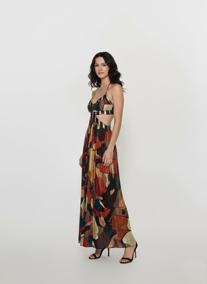 Halter neck maxi dress featuring a mosaic abstract print and flowing silhouette