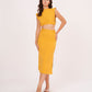 Model poses in a mustard yellow co-ord set with a boat neck sleeveless blouse and a long straight skirt
