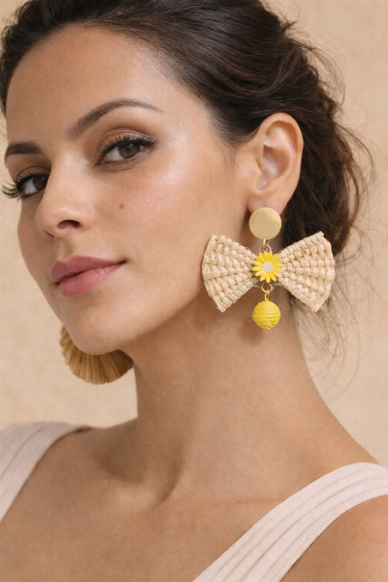 Raffia Bow Drop Earrings – Yellow