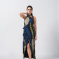Navy and beige abstract print crepe wrap dress with a halter neckline, ideal for formal events and elegant evenings