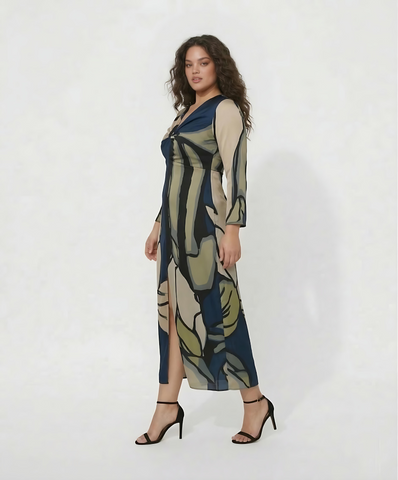 Plus size crepe dress with a fluid, non-clingy silhouette that drapes smoothly over curves with ease and movement