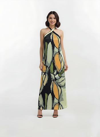 Crepe halter-neck maxi dress with a crossover neckline, straight-fit silhouette, and oversized abstract print in olive green, mustard yellow, and black