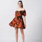 Model walking in short puff sleeve dress, capturing movement and lively silhouette.