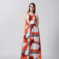 Halter-neck abstract print cotton satin ankle-length dress, suitable for sun-drenched days and outdoor events