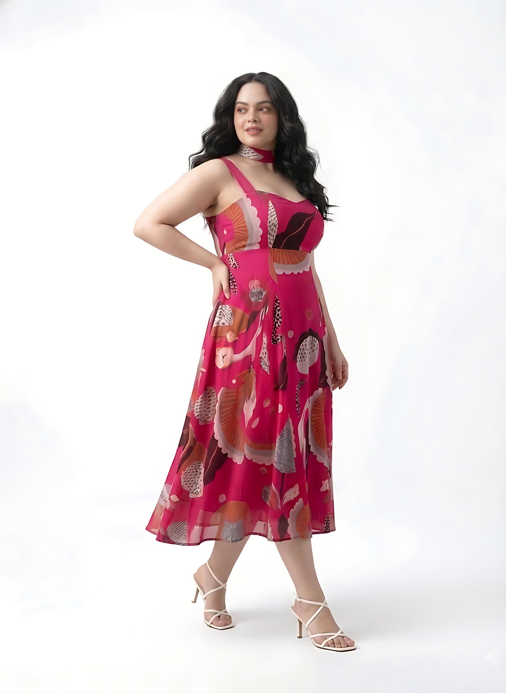 Detail of oversized floral and abstract print on a lightweight pink chinon midi dress