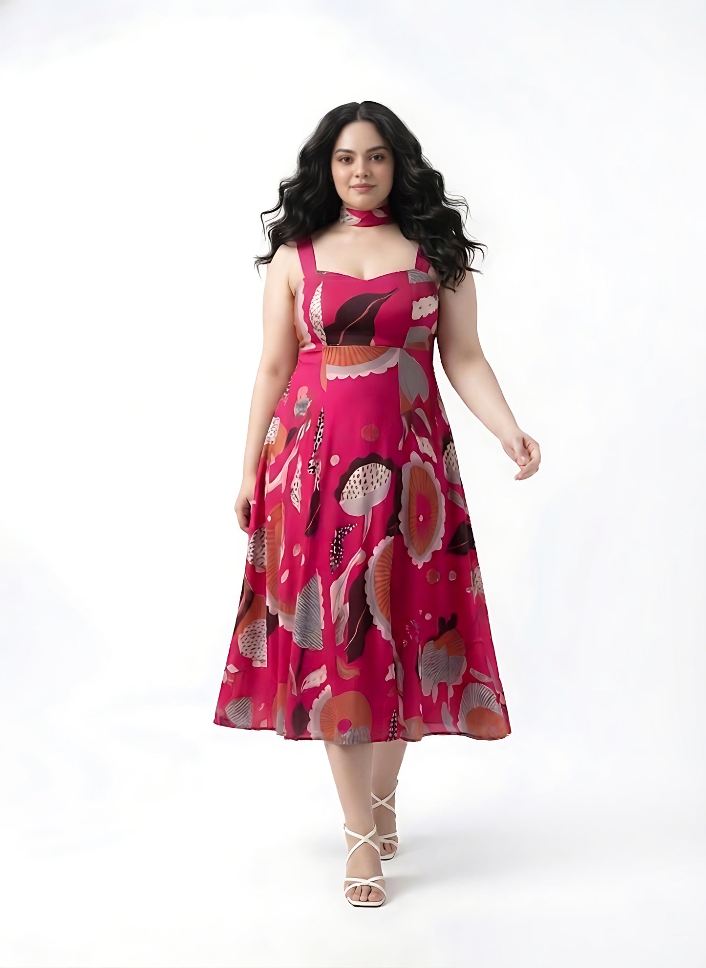 Pink floral chinon midi dress with a sweetheart neckline and tie-up straps, designed for a flattering resort-ready look
