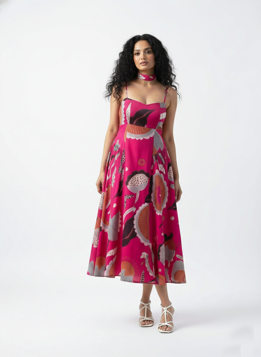 Pink chinon midi dress with sweetheart neckline and soft A-line silhouette