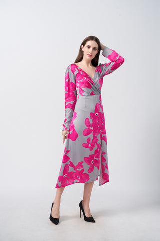 Pink and grey floral satin midi dress with an overlapped V-neck, suitable for celebratory occasions and formal events