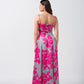 Rear angled view of the satin maxi dress, displaying its smooth fall and silhouette.