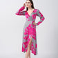 Model showing side pose in pink floral satin dress with soft grey base, highlighting the flow and fit.