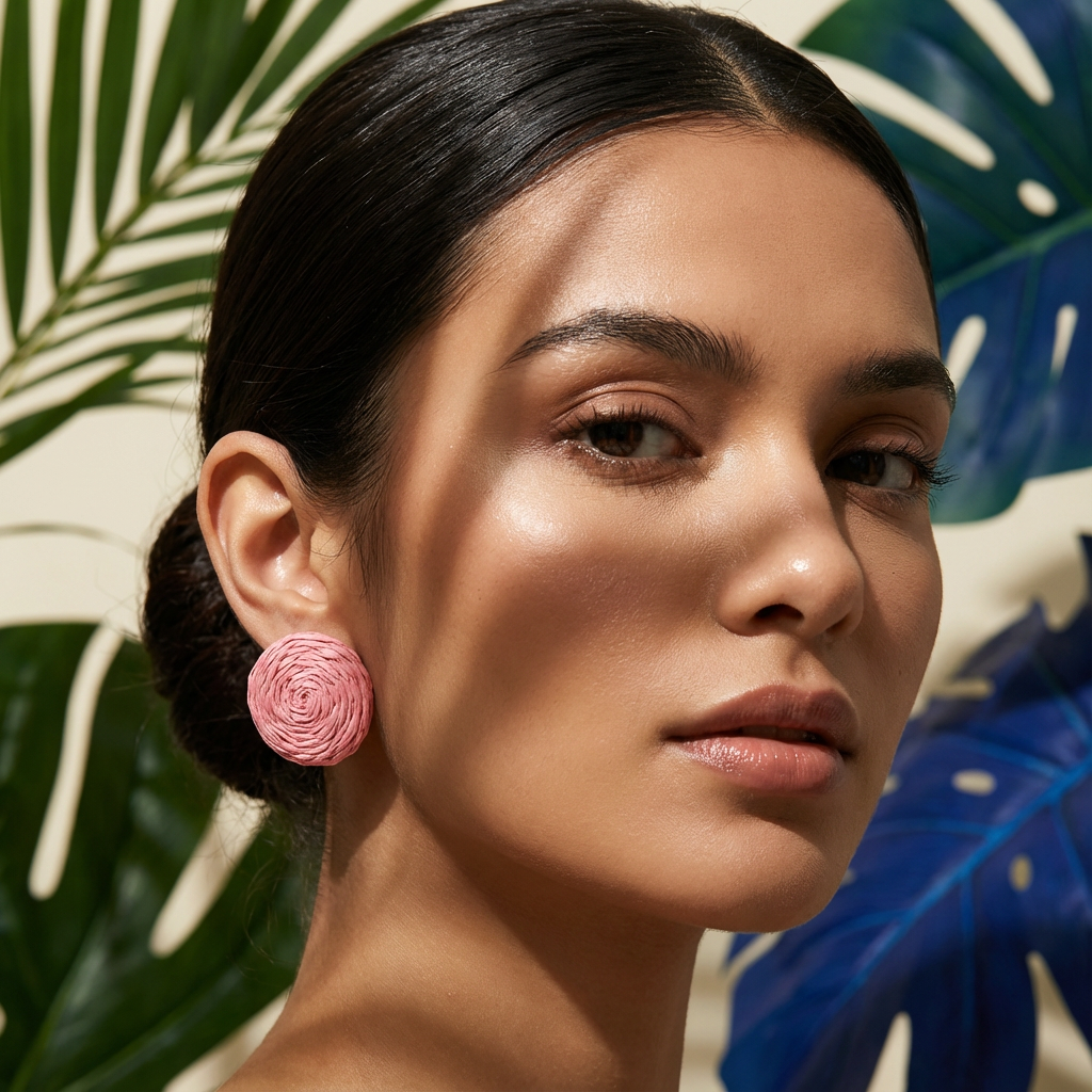 Raffia Round Drop Earrings – Pink