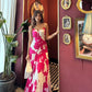 Full-length crepe dress with a ruched front detail and delicate spaghetti straps
