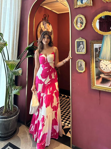 Full-length crepe dress with a ruched front detail and delicate spaghetti straps