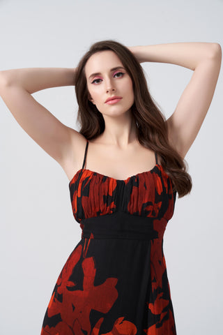 Midi-length chinon dress with a soft drape, pleated bust, and side slit