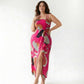 Plus size abstract chinon dress with an asymmetric halter neckline and midi to ankle length