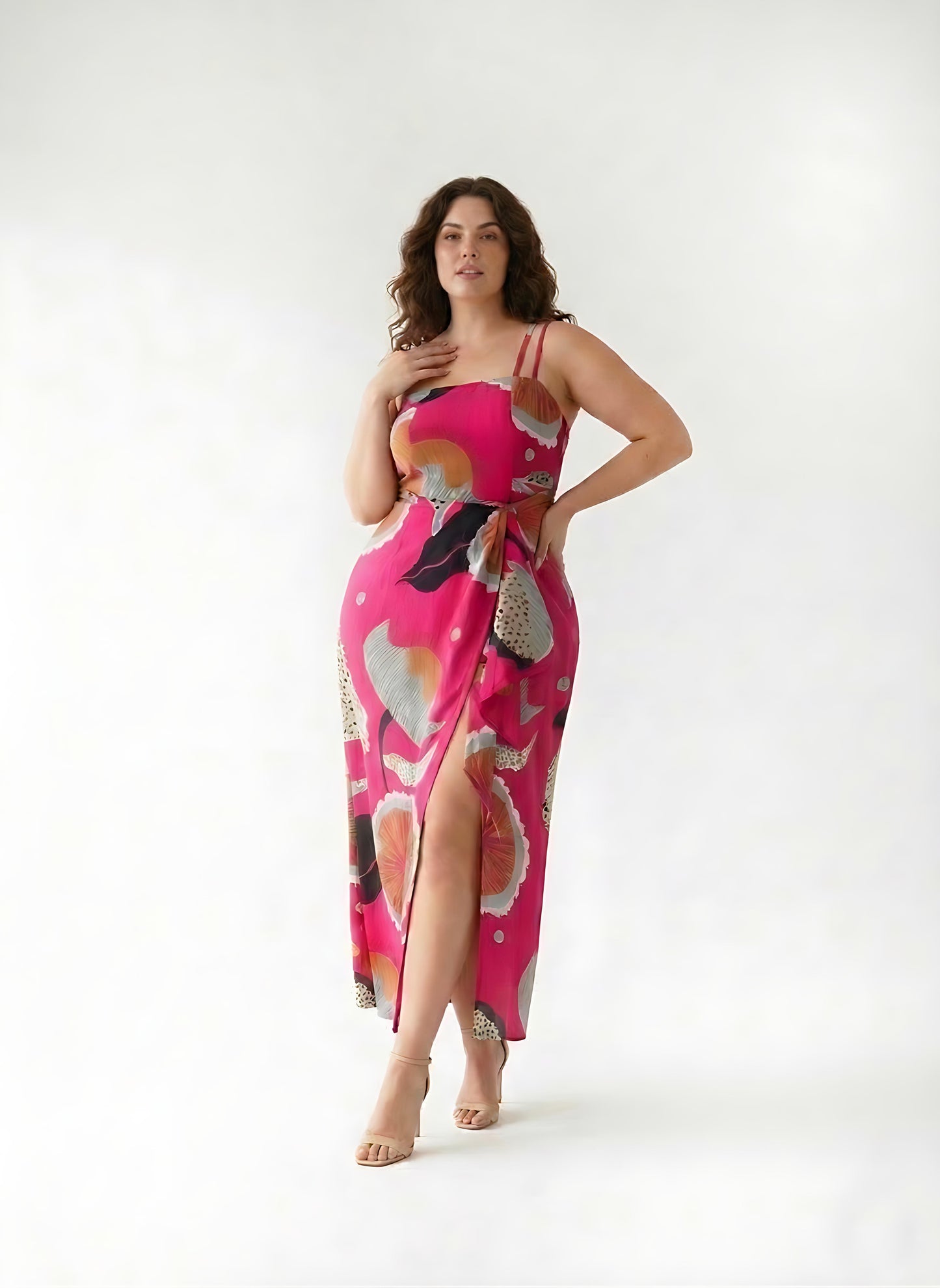 Plus size abstract chinon dress with an asymmetric halter neckline and midi to ankle length