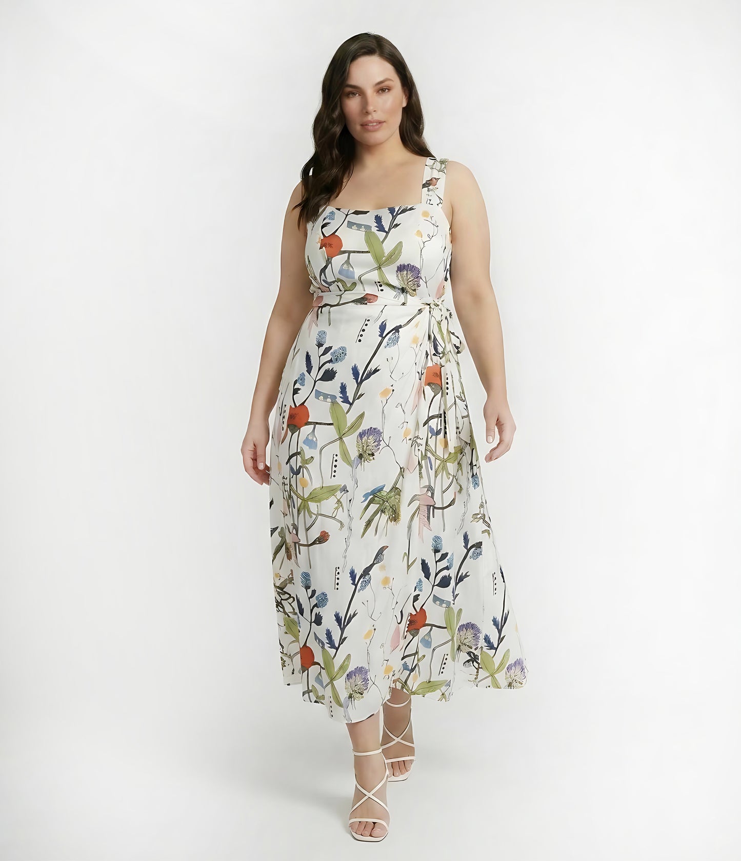 Plus size abstract floral chinon ankle-length dress with a halter tie-back neckline