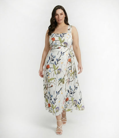 Plus size abstract floral chinon ankle-length dress with a halter tie-back neckline