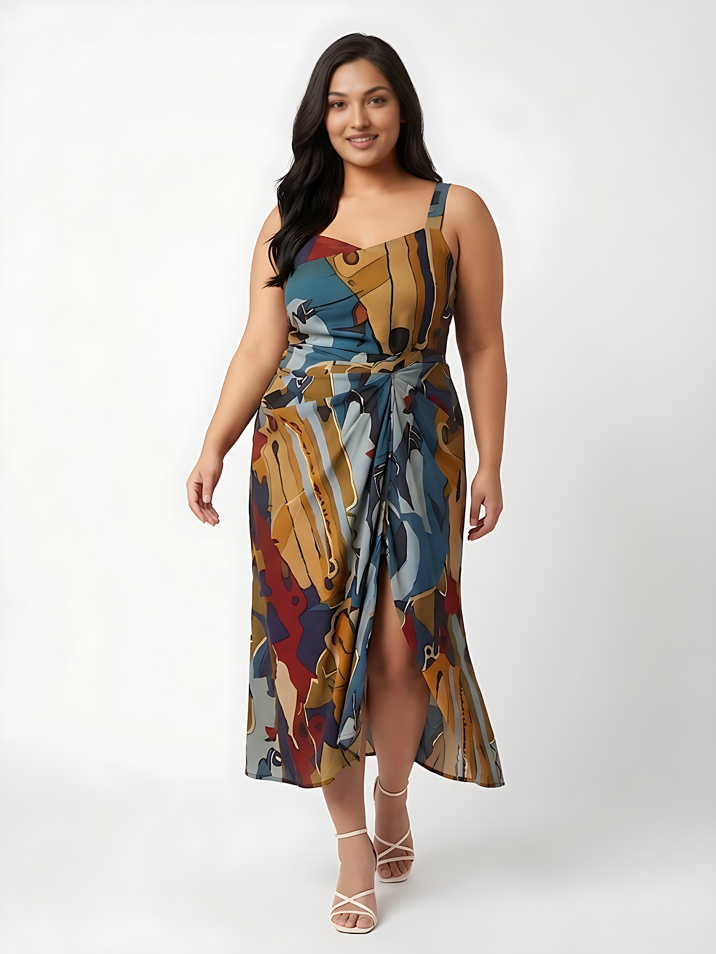Plus size flowy midi dress with bold geometric print and elegant front slit for movement