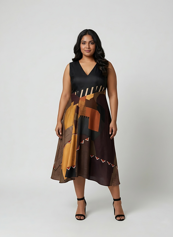 Plus size black modal satin midi dress with a deep V-neckline and asymmetric hemline