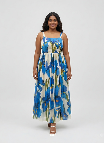 Plus size blue floral chinon maxi dress with a square neckline and pleated skirt