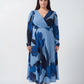 Plus size blue floral crepe ankle-length dress with an overlapped V-neck and long sleeves