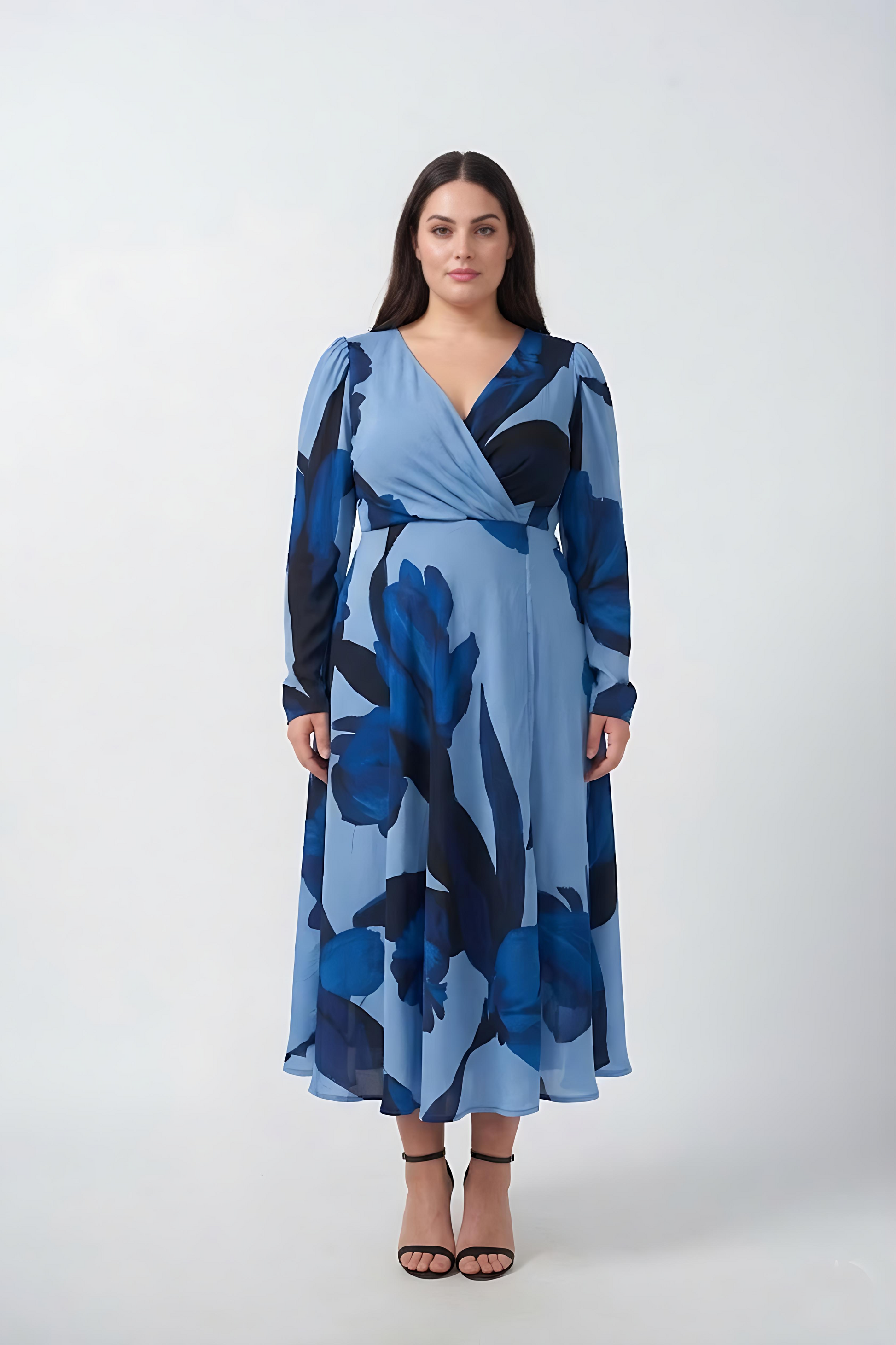 Plus size blue floral crepe ankle-length dress with an overlapped V-neck and long sleeves
