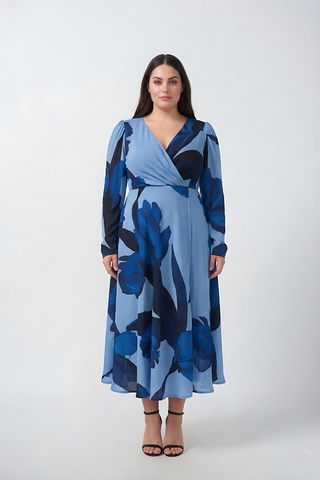 Plus size blue floral crepe ankle-length dress with an overlapped V-neck and long sleeves