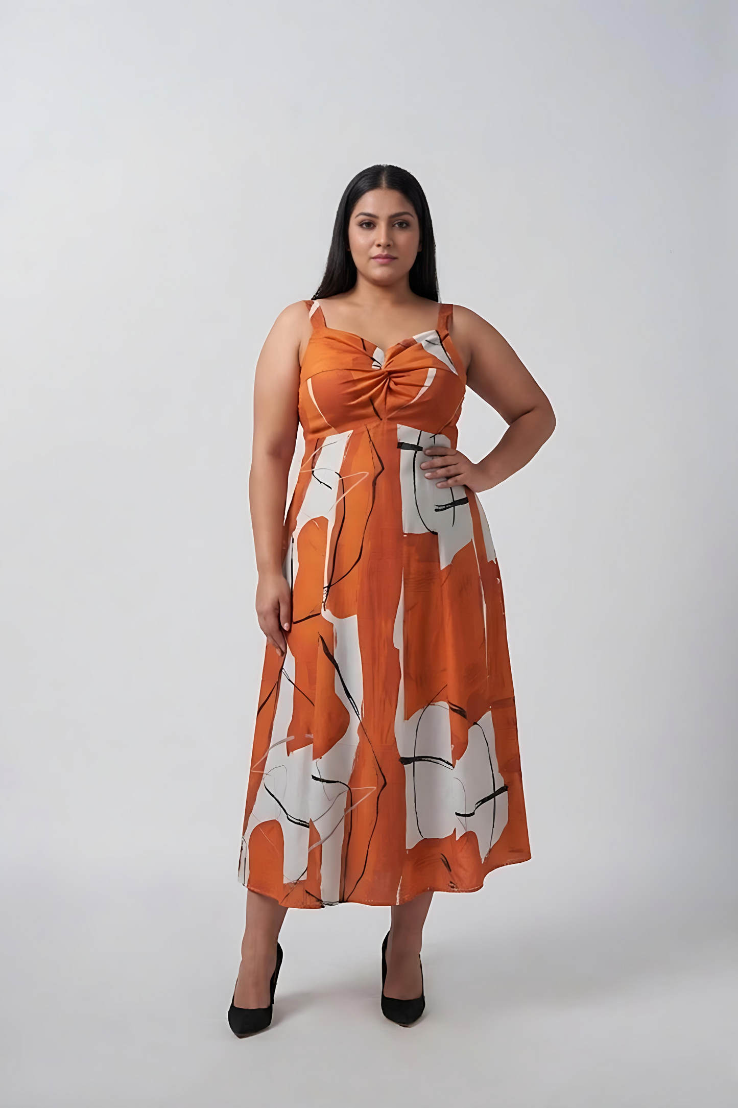 Plus size burnt orange and white abstract cotton satin midi dress with a twisted neckline
