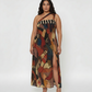 Plus size chinon one-shoulder maxi dress with a striped bodice and patchwork abstract print
