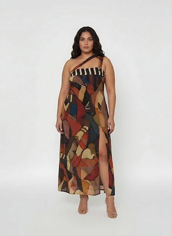 Plus size chinon one-shoulder maxi dress with a striped bodice and patchwork abstract print