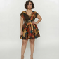 Plus size chinon silk mini dress with a deep V-neck, gathered bust, and flared hemline
