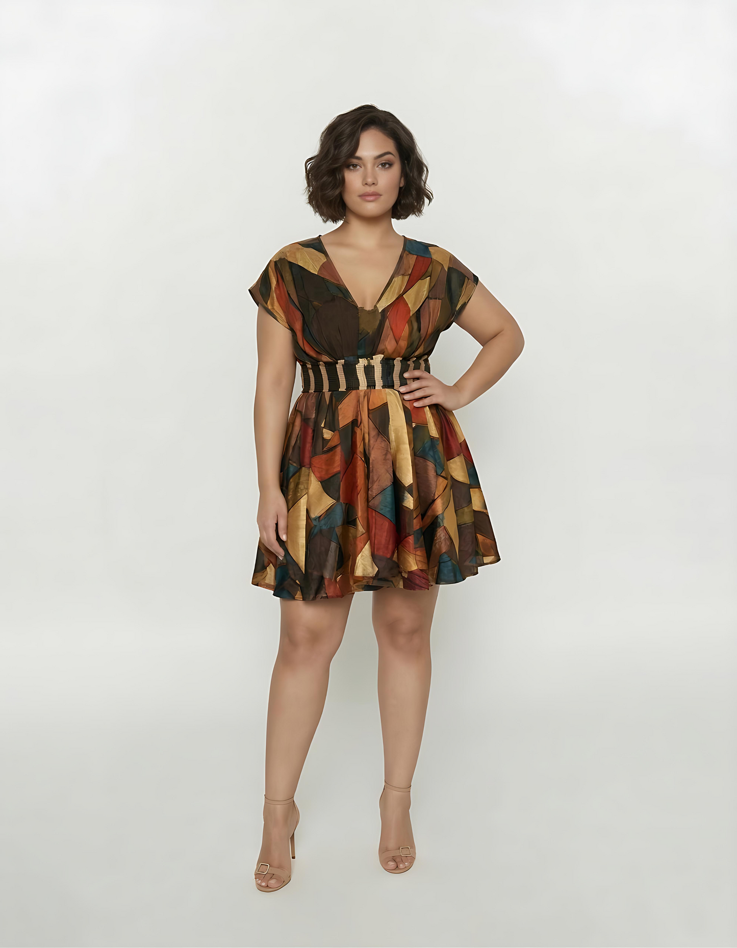 Plus size chinon silk mini dress with a deep V-neck, gathered bust, and flared hemline