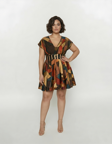 Plus size chinon silk mini dress with a deep V-neck, gathered bust, and flared hemline