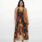 Plus size abstract chinon maxi dress in earthy tones with a halter tie-back neckline