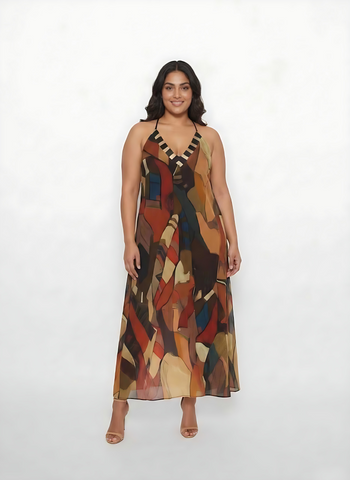 Plus size abstract chinon maxi dress in earthy tones with a halter tie-back neckline