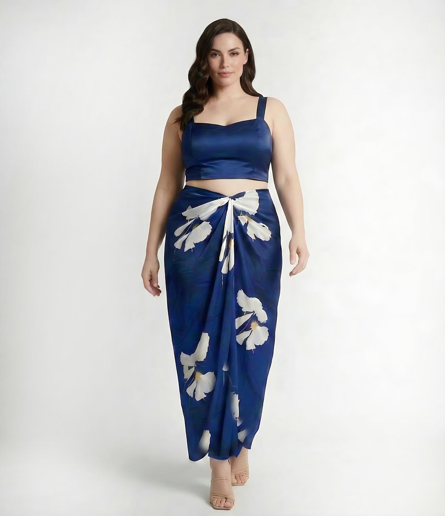 Plus size floral crepe co-ord set with a strap-shoulder top and wrap skirt