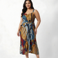 Plus size midi dress in multicolor abstract geometric print with square neckline and front slit
