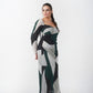 Plus size green, black and grey abstract crepe ankle-length dress with a square neckline and long sleeves