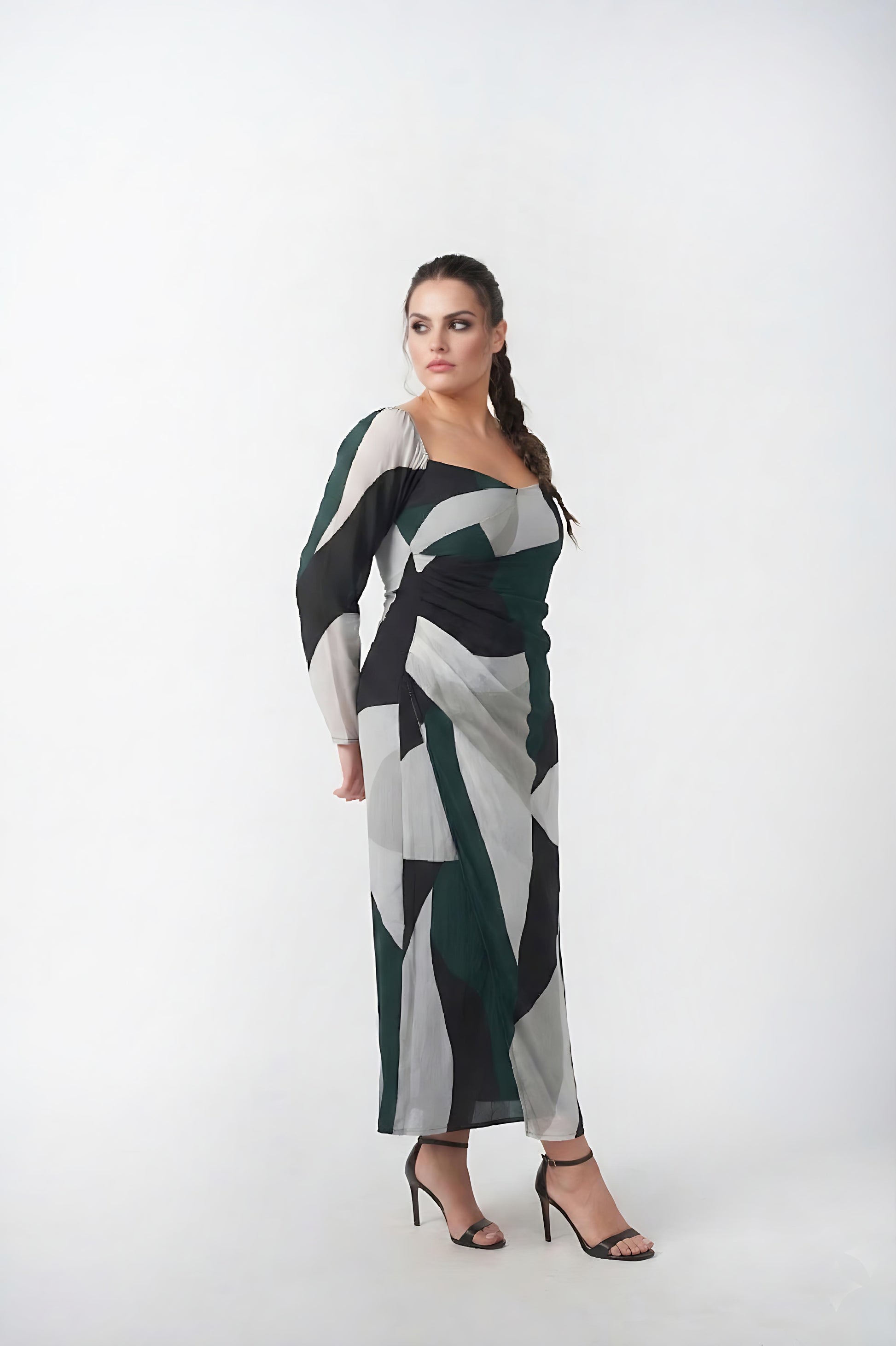 Plus size green, black and grey abstract crepe ankle-length dress with a square neckline and long sleeves