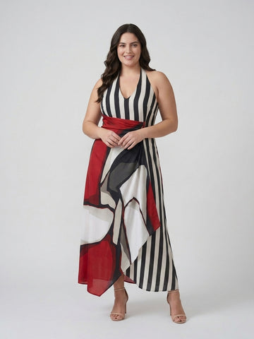 Curve Edit halter neckline maxi dress with a deep V-front and open-back tie