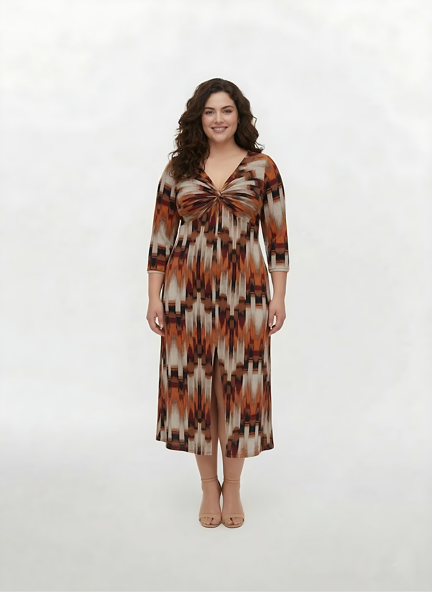 Plus size ikat print chinon midi dress with a deep V-neckline, ruched waist, and front slit