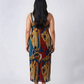 Plus size abstract print midi dress with square neckline, slim straps and front slit detail